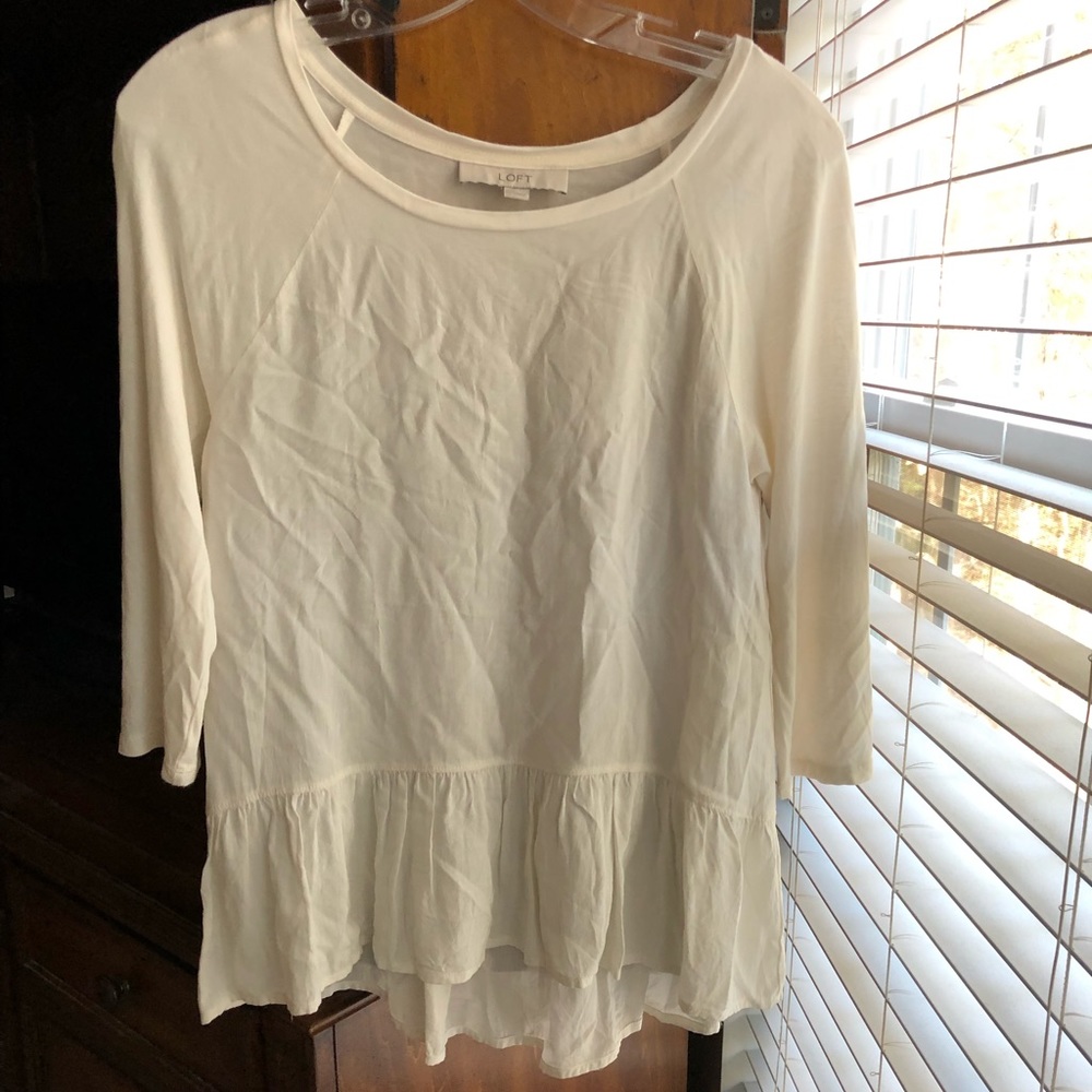 Loft Ivory Ruffle Hem Mixed Media Top
